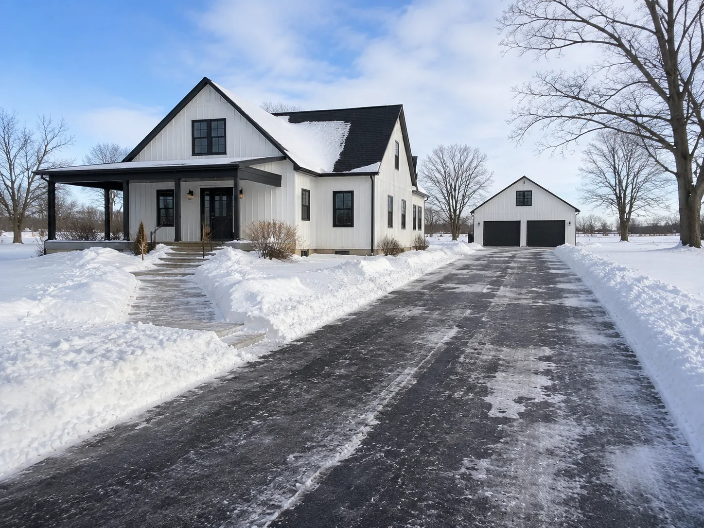 Longue entrée résidentielle dégagée entre une maison et un garage