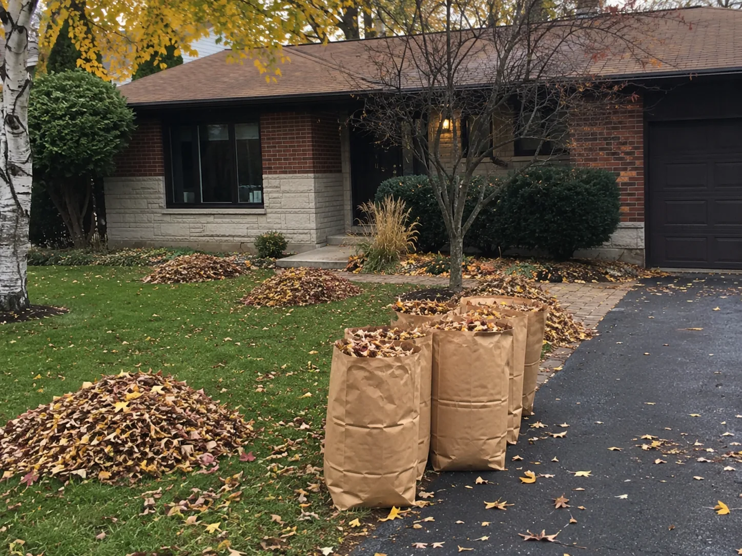 Feuilles rassemblées et mises en sacs devant une résidence