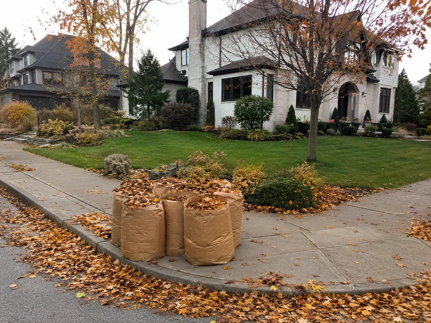 Sacs de résidus et feuilles ramassées près du trottoir